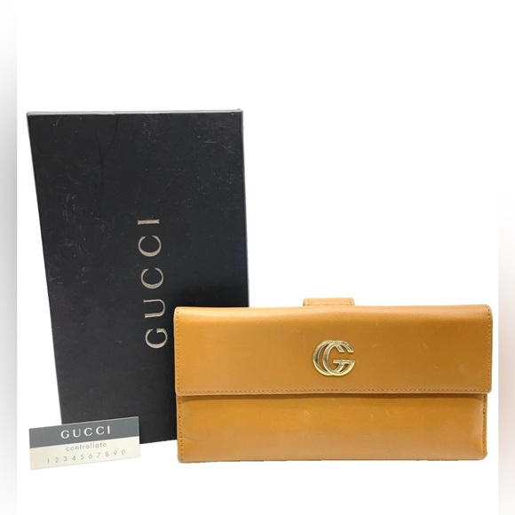 GUCCI Double G Leather Camel Bifold Long Wallet W/B - Picture 1 of 9